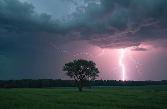 Lightning bolt strikes behind tree in rural landscape. Dark stormy clouds gather above green field. Lightning illuminates pink, purple sky. Single tree stands in front of forest. Stormy weather with