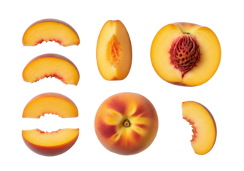 Ripe peaches: whole, halves, slices, and a bite, top view. Isolated on Transparent Background