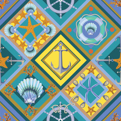 Summer marine anchor and seashells pattern in colorful geometric squares vector seamless design