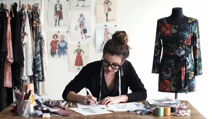 Focused female fashion designer sketching patterns at a bright studio with mannequin and dress forms
