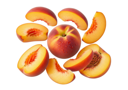 Fresh Ripe Peaches and Slices with Water Droplets, Isolated on Transparent Background