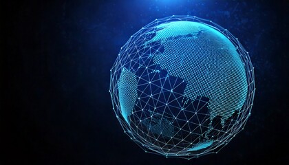 A digital wireframe globe with glowing blue continents and a network mesh against a dark background.