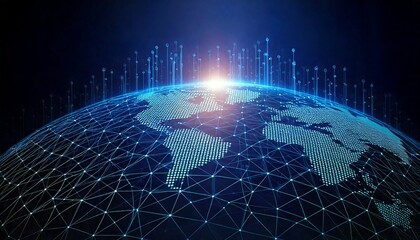 A glowing blue earth with a global digital network and data streams connecting continents.