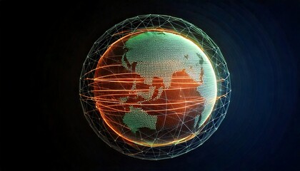 A digital globe with glowing network lines representing global connectivity and data flow.