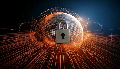 Digital padlock securing a glowing global network with data streams, symbolizing cybersecurity and data protection.
