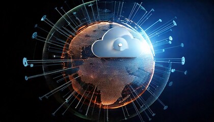 A glowing cloud icon hovering over a digital globe with radiating network connections, symbolizing global cloud computing and data.