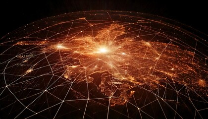 A glowing digital network overlaying a map of Earth, illustrating global connectivity and data flow.