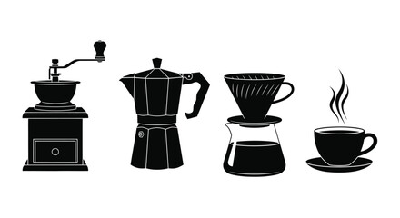 Black silhouette illustration of coffee brewing methods and a fresh cup