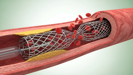 Medical illustration of angioplasty stent placement within a narrowed artery with red blood cells