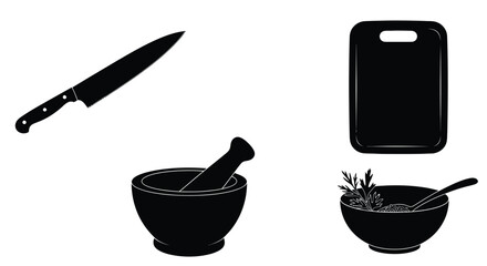 Black silhouette icons of kitchen tools knife cutting board and mortar