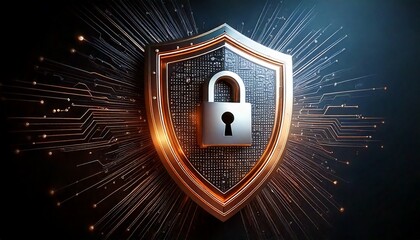 Digital security shield with padlock and glowing circuit board background.