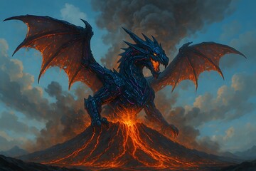 A dragon emerging from a volcanic crater, wings dripping molten lava, ash swirling around its body