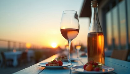 Obraz premium Glass, bottle of rose wine on table at rooftop restaurant. Appetizers served for romantic dinner during golden sunset. Outdoor terrace cafe with scenic city view at summer evening. Nobody present at