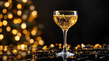Elegant gold champagne glass on black marble with festive Christmas bokeh lights