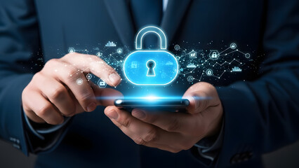 Businessman securing data with digital padlock on smartphone for cybersecurity