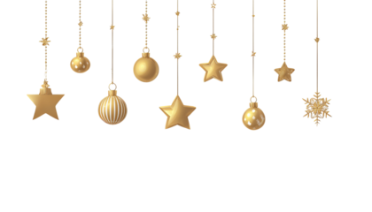 Golden Christmas Ornaments and Stars isolated on a transparent background