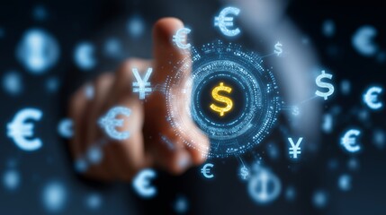 Digital currency exchange concept with glowing symbols and hand reaching for dollar sign
