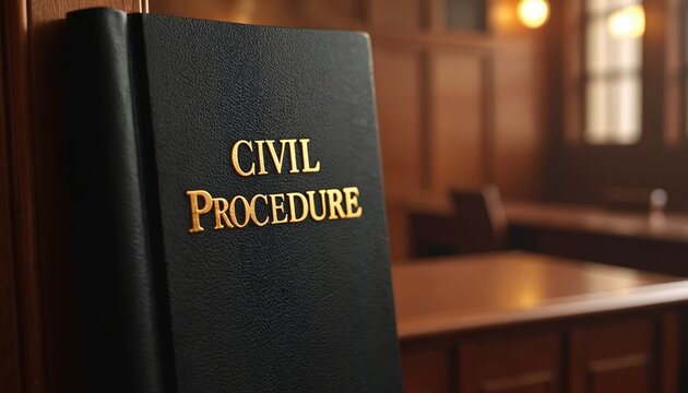 Civil Procedure book sits in empty courtroom. Law book in judicial chamber, warm lighting on wood paneling. Justice and legal system concept inside empty courthouse.