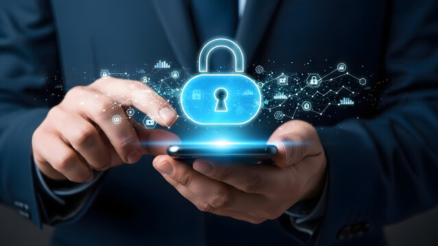 Businessman securing data with digital padlock on smartphone for cybersecurity - Powered by Adobe