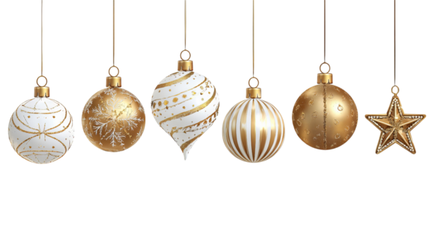 Gold and white Christmas ornaments isolated on a transparent background