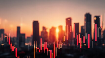 Financial market analysis with stock chart overlay against sunset city skyline backdrop