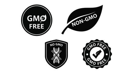 Various non gmo and gmo free labels and symbols displayed together © momotaj