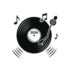 Vector icon of a vinyl record with music notes for 2026