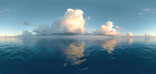 Expansive ocean horizon under a vast blue sky with dramatic fluffy clouds reflecting on calm blue water surface. A serene, empty seascape offering peacefulness and solitude.