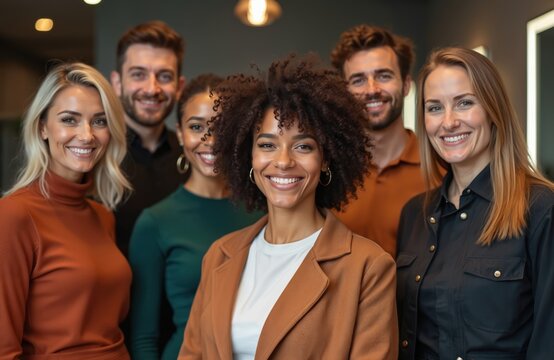 Diverse group of six smiling professionals stand together indoors. Two women in front, four people behind, look directly at camera. They wear smart casual attire. This team is ready for business.