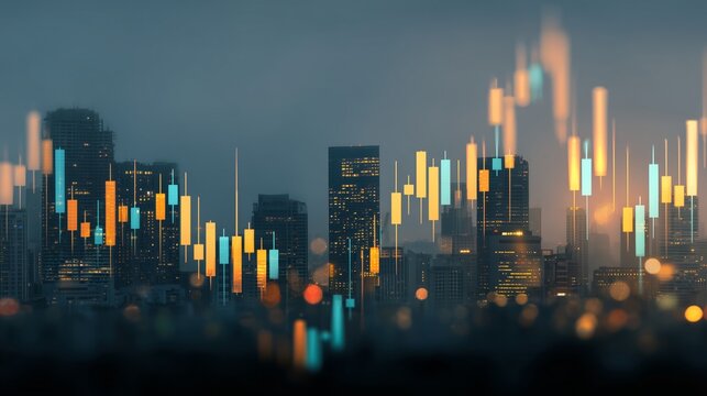 Financial market data visualization with glowing candlestick chart over urban skyline at dusk