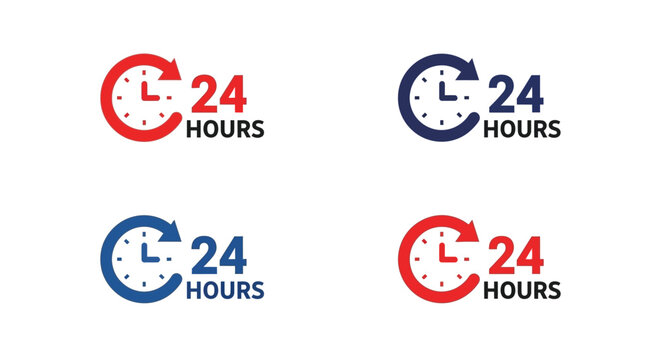 Illustrative logos depicting twenty four hour service availability with clock imagery