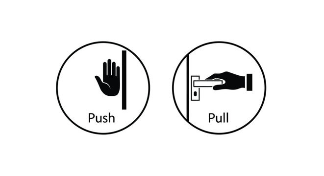 Simple black and white icons illustrating push and pull door instructions