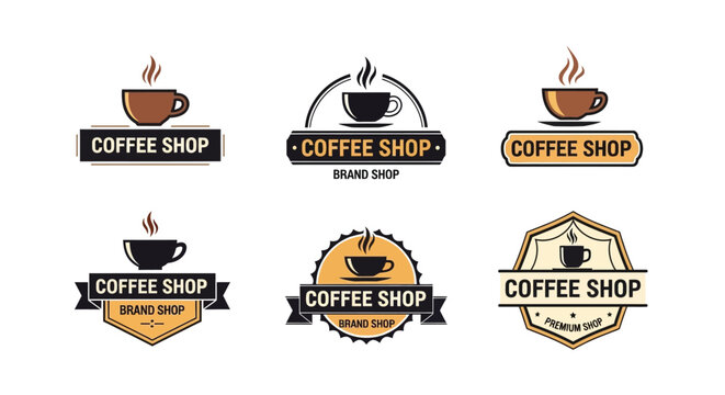 Collection of vintage style coffee shop logo designs with cup illustrations