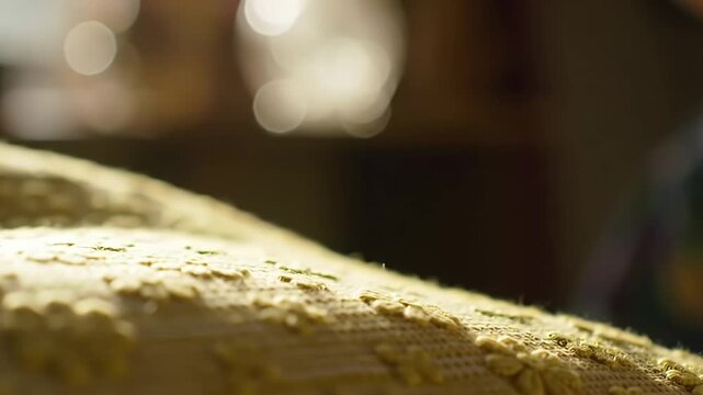 Golden-brown patterned bread loaf resting on a wooden surface with delicate floral embossing