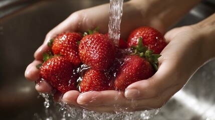 Fresh strawberries being washed under running water in hands, showcasing vibrant colors and textures