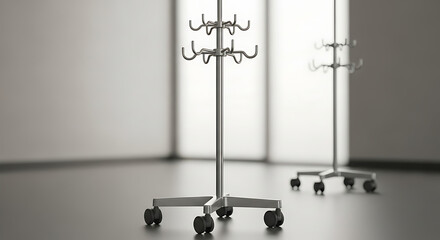 A view of two iv drip stands with hooks and wheels in a sterile medical environment setting indoors ai generated