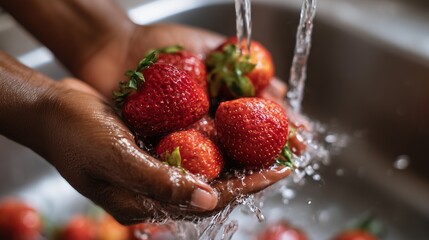 African American hands washing fresh strawberries under running water in a kitchen sink