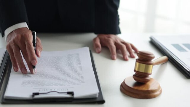 Legal counsel reading contract paperwork to finalize a legal agreement. Concepts for legal counsel, judicial authority, and the finality of a decision or agreement.&nbsp;