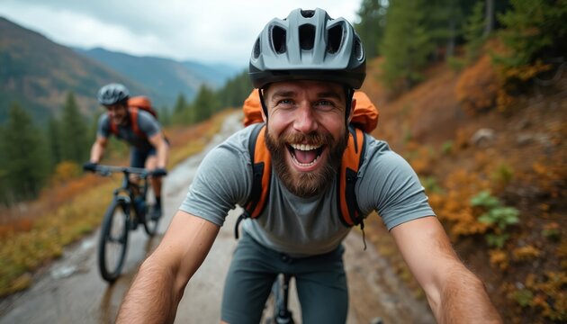 Two bearded young men ride mountain bikes on rugged trail. Front rider smiles happily at camera. Bike outdoors through beautiful nature, enjoying active adventure on scenic forest road during bright