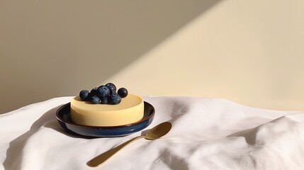 Minimalist Panna Cotta with Blueberries and Geometric Shadow
