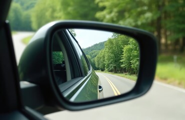 Obraz premium Car side mirror view shows winding asphalt road through rich green forest on sunny day. Vehicle drives along rural highway. Summer road trip adventure, travel journey vacation. Driver observes scenic