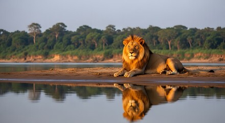 Majestic Asiatic Lion Resting in Grassy Habitat