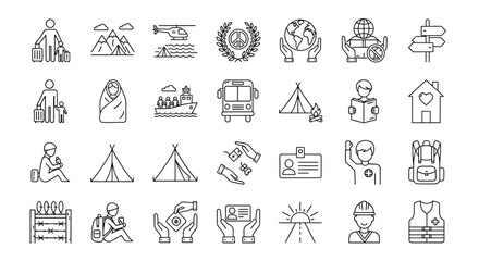 Set of outline icons about refugee, such as migration, war, help, camp, and humanitarian