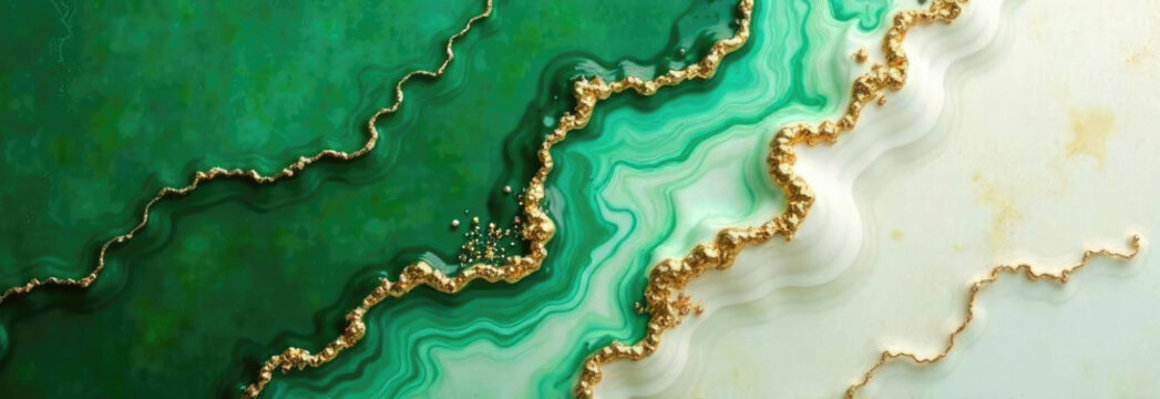 Abstract composition of flowing green and white epoxy resin with golden veins. Smooth surface texture for backgrounds and design elements - Powered by Adobe