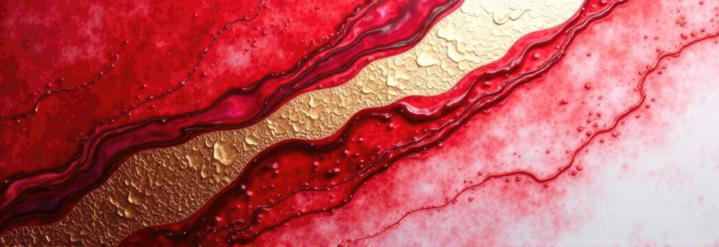 Abstract red and gold fluid epoxy resin art with wavy lines and textures. Composition with vibrant colors and glossy finish for modern decor