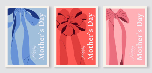 Mother's Day holiday cards with bows. Cover, poster, banner, invitation template for Valentine's Day, birthday, celebration. Copy space