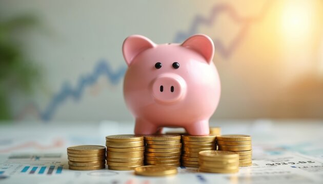 Pink piggy bank stands on gold coin stacks on chart. Concept of savings, investment, financial planning. Saving money, deposit growth. Future finance. Economy and budget. Savings for education.