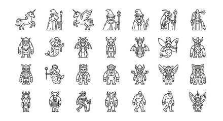 Set of linear icons of mythical creatures unicorn, wizard, mermaid, dragon, fairy, troll, minotaur, yeti, demon