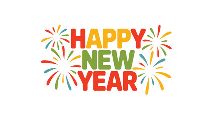 Vibrant and festive happy new year text with colorful exploding fireworks on a white background