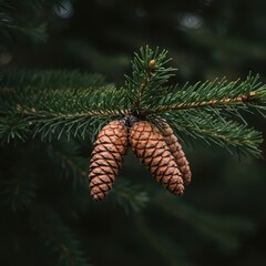 Brown pine cones firmly attached to the lush green needles of an evergreen tree branch, symbolizing resilience and the forest ecosystem, flora, environment, winter